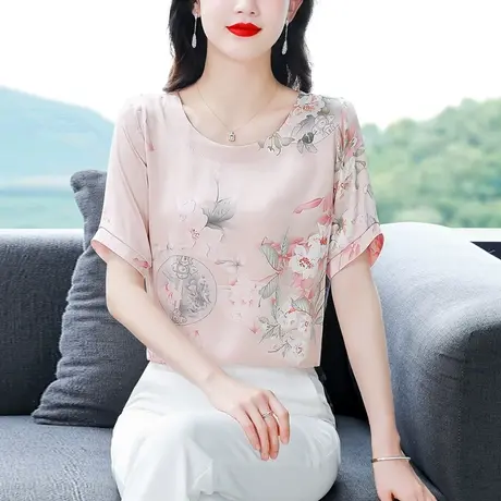 缎面复古短袖T恤女2023年新款印花真丝女士上衣时尚洋气妈妈小衫商品大图