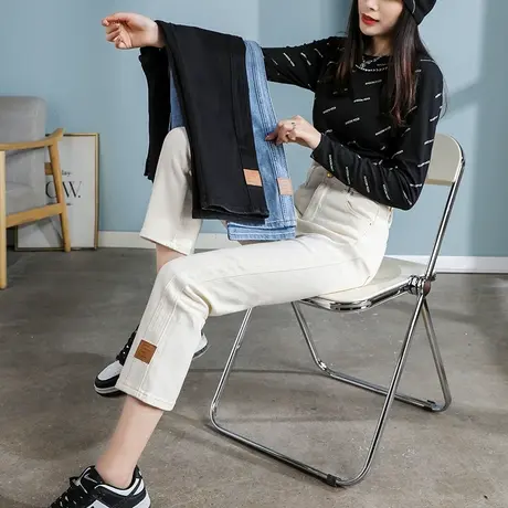 米白色直筒牛仔裤女2023新款春夏薄款女裤小个子八分九分裤烟管裤商品大图