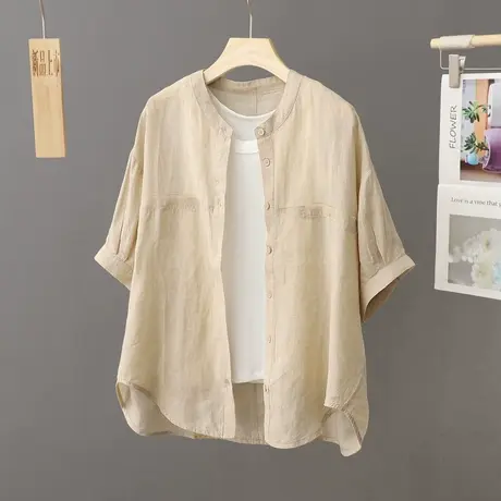 棉麻立领衬衫女短袖纯色百搭宽松外搭衬衣2023夏季新款亚麻棉上衣图片
