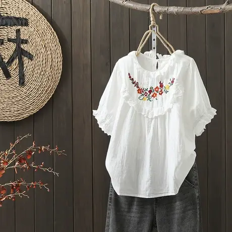 枫谜2022年夏季新款双层棉纱刺绣上衣棉麻娃娃衫短袖图片