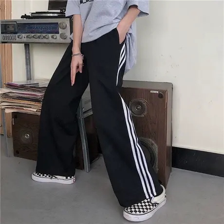 2023秋装韩版ins条纹运动裤宽松直筒阔腿裤学生三杠休闲裤男女潮商品大图