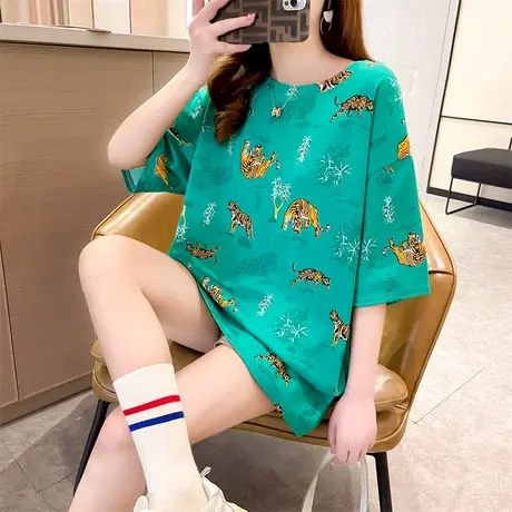 2023年新款小众潮牌t恤女春季夏天白色宽松圆领短袖中长款印花ins商品大图