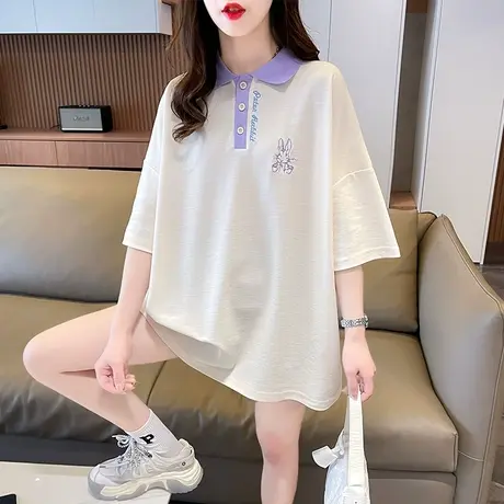 小众设计感短袖t恤女夏季韩版宽松大码女装中长款polo领撞色上衣图片