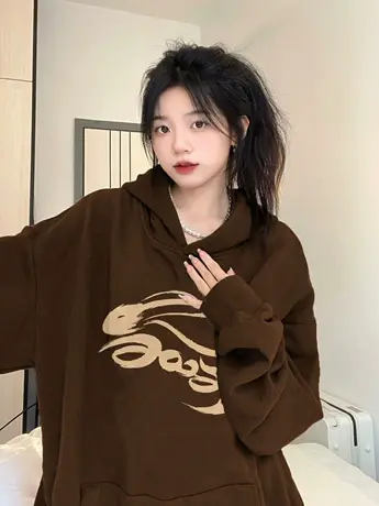 高级感超好看卫衣女连帽秋冬加绒加厚oversize美式复古外套上衣潮商品大图