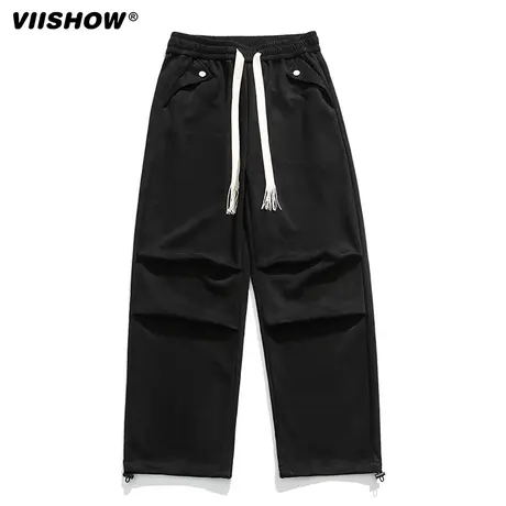 VIISHOW美式街头纯色直筒休闲裤男复古高街宽松垂感抽绳运动长裤商品大图
