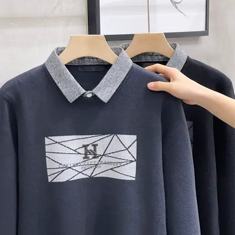 2023秋季新款打底毛衣男士长袖衬衫领假两件男秋冬潮流套头针织衫商品大图