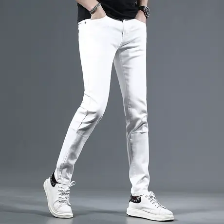 2023新款高端白色牛仔裤男款夏季薄款修身小脚裤韩版百搭男士裤子商品大图