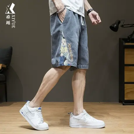 希越小熊刺绣牛仔短裤男夏季宽松大码中裤ins潮流抽绳五分裤男款商品大图