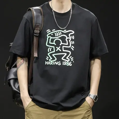 印花圆领短袖t恤男士半袖纯棉潮牌大码2023新款男装白色体恤夏季商品大图