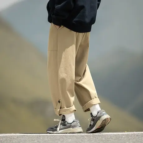 卡其色工装裤男款夏季日系休闲长裤潮牌夏天vibe风阔腿九分裤薄款图片