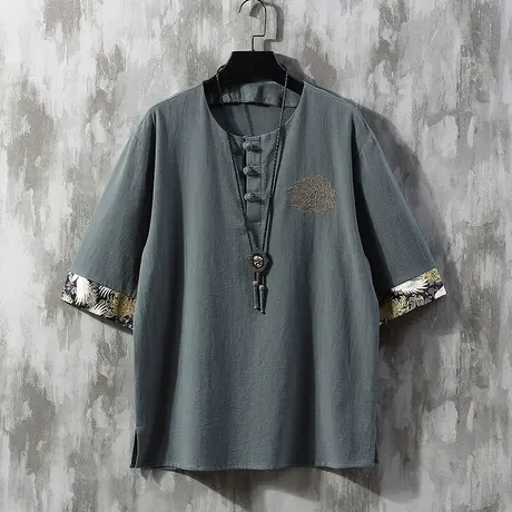 唐装男款短袖宽松大码半袖亚麻T恤中国风棉麻体恤套装新中式男装图片