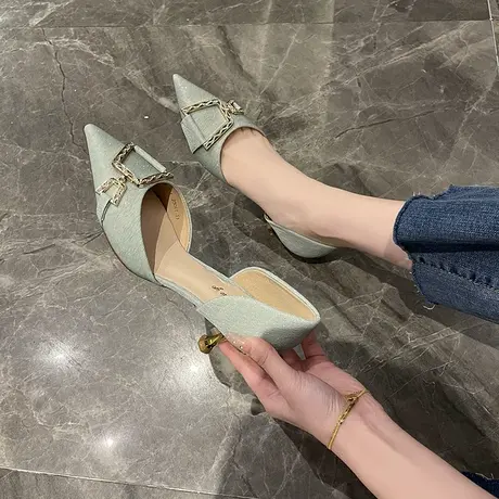单鞋女细跟2023年夏季新款尖头一脚蹬高跟鞋韩版气质优雅浅口女鞋商品大图