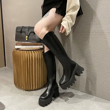 长靴女2023秋冬瘦瘦靴复古英伦增高加绒加厚保暖粗跟显腿长骑士靴商品大图
