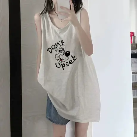 纯棉吊带运动背心无袖t恤女夏季设计感小众外穿宽松港风挂脖上衣图片