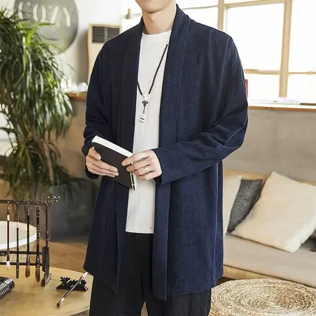中式开衫汉服中国风青年唐装棉麻披风外套民族风茶服复古道袍长衫图片