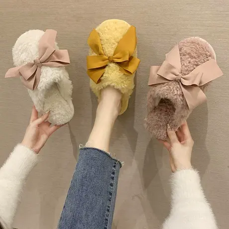 棉拖鞋女冬天可爱蝴蝶结居家用室内保暖防滑卡通毛毛绒拖鞋秋冬季图片