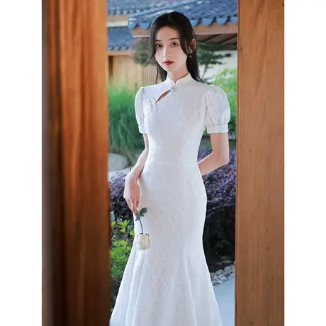 订婚连衣裙旗袍晚礼服改良女夏季年轻款气质高端鱼尾法式蕾丝白色商品大图