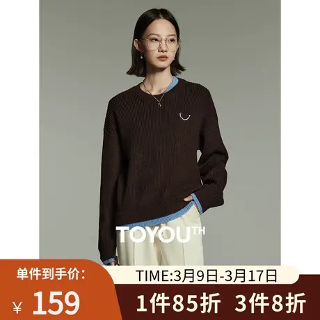 TOYOUTH初语仿羊绒假两件圆领毛衣女2023冬季新款撞色拼接针织衫商品大图
