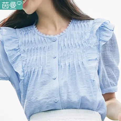 茵曼设计感压褶荷叶边小飞袖衬衣2023夏女装新款圆领泡泡袖薄上衣图片
