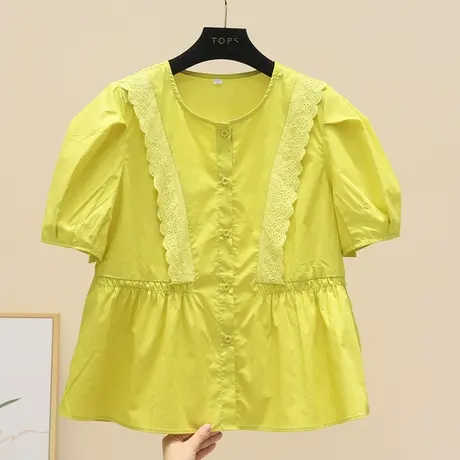 2023夏季设计感小众减龄高腰短袖衬衫女镂空勾花拼接百搭娃娃衫潮商品大图