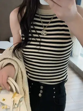 辣妹条纹针织背心女内搭春夏2023新款百搭外穿修身短款无袖上衣潮商品大图