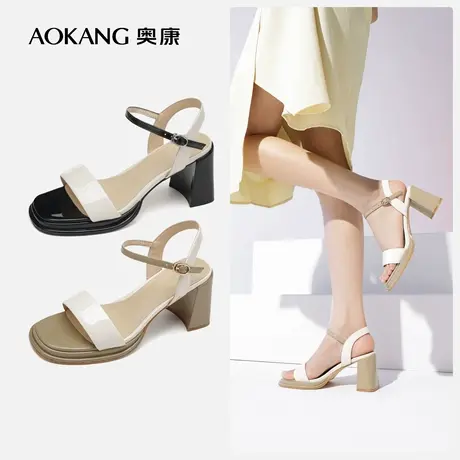 【一字带凉鞋】奥康女鞋 新品时尚舒适坡跟通勤休闲凉鞋图片