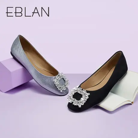 伊伴春季女鞋时尚浅口粗跟单鞋方钻扣饰优雅气质中跟小皮鞋女商品大图