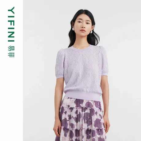 [专柜同款]Yifini/易菲提花肌理感圆领宽松针织毛衫女D05M1403商品大图