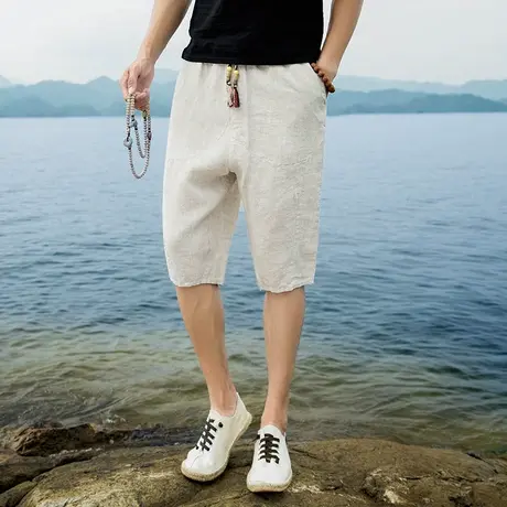 纯亚麻男士休闲短裤简约休闲七分裤夏季薄款宽松透气百搭中式裤子商品大图