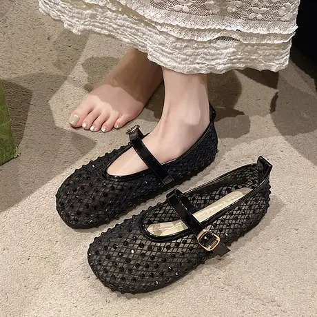 黑色水钻玛丽珍鞋女2025年春季新款软底气质网纱凉鞋透气百搭单鞋图片