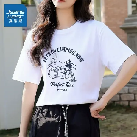 YD真维斯女装2025夏季新款简约印花百搭时尚纯棉舒适针织短袖T恤商品大图