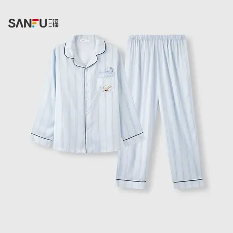 三福男秋季卡通翻领长袖睡衣套装 宽松条纹柔滑家居服504555商品大图