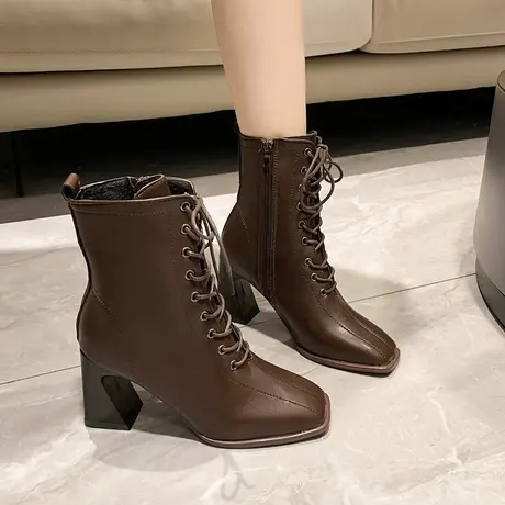 永希英伦风马丁靴女2023夏季新款短筒小众设计感时尚粗跟高跟短靴图片