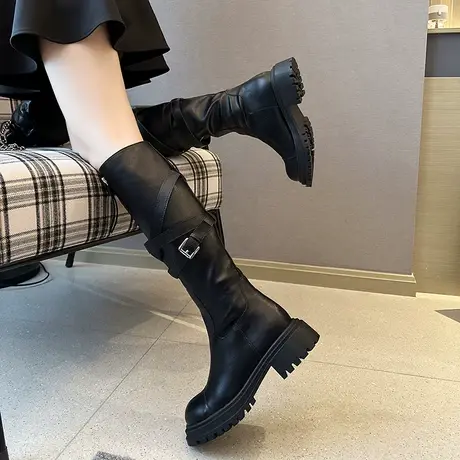 新款不过膝长靴女马丁靴皮带扣厚底黑色显瘦长筒骑士靴高筒靴子女图片