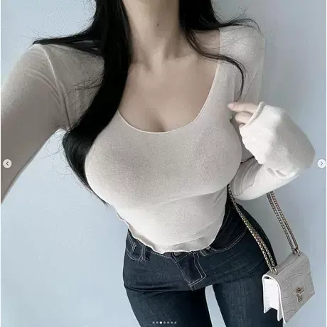 现货~Onoev性感圆领紧身弹力显身材体恤秋打底衫商品大图
