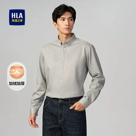 HLA/海澜之家保暖长袖衬衫2025秋冬新款尖领加绒加厚条纹上衣男士图片