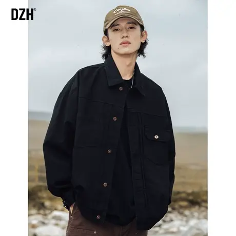 男士黑色工装外套男春秋季潮高级感复古港风男装2023新款纯棉夹克商品大图