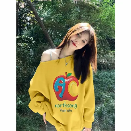 美式街头黄色斜领卫衣女2025新款爆款小个子学院风苹果印花上衣潮商品大图