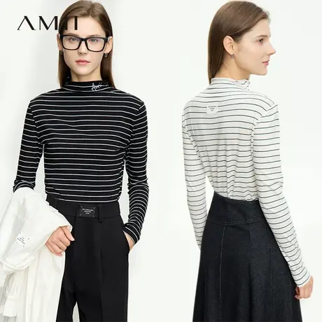 Amii2023秋新款半高领字母绣花布标装饰条纹T恤女休闲全棉上衣商品大图