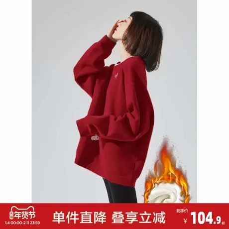 唐狮2026春季新款加绒圆领卫衣女红色卡通印花设计感时尚百搭潮图片