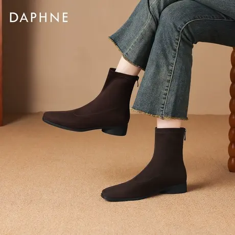 达芙妮棕色短靴女2026新款秋冬季法式方头绒面瘦瘦靴子女士马丁靴图片