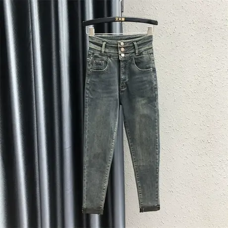 2023秋冬新款加薄绒小脚裤女三粒扣设计感高腰显瘦紧身弹力铅笔裤商品大图