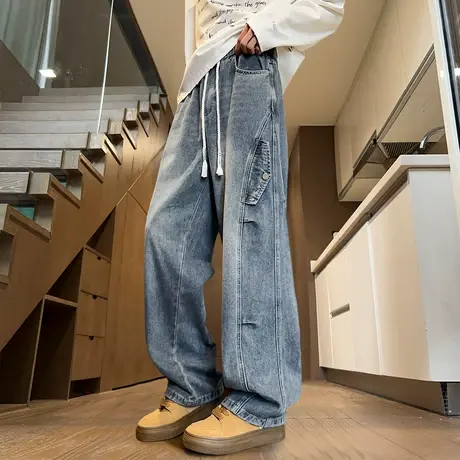 唐狮夏季新款男牛仔裤阔腿裤长裤设计感口袋潮流早秋男士长裤TD商品大图