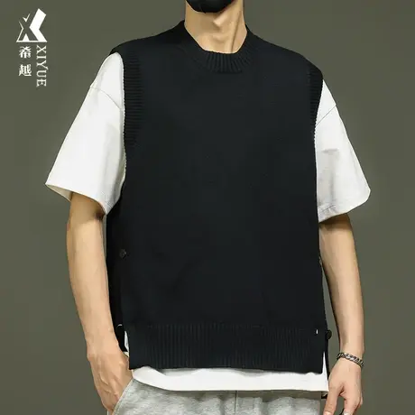 秋季纯色针织毛衣背心男士设计感侧面开衩宽松大码圆领五分袖马甲商品大图