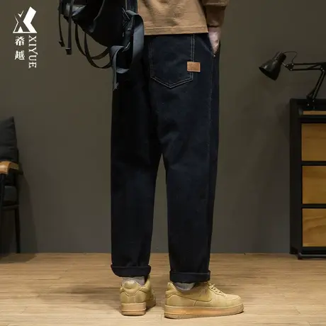希越纯棉牛仔裤男黑色直筒裤秋冬美式复古宽松大码雪花绒锥形裤子图片