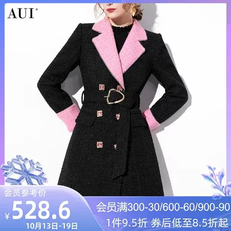 AUI黑色气质小香风西装毛呢外套女2023冬新款双排扣修身呢子大衣商品大图