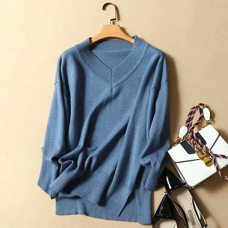 清仓！V领毛衣女秋冬宽松韩版套头中长款打底衫秋装新款针织衫潮商品大图