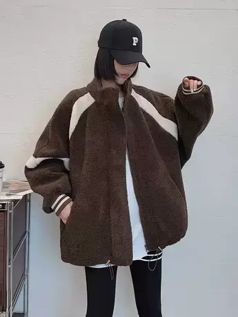 拼色立领羊羔毛皮毛一体外套女2023冬装新款宽松显瘦抽绳夹克上衣图片