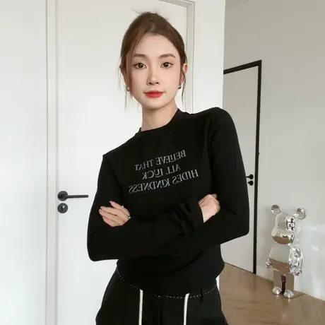 长袖短款上衣圆领修身黑色打底衫女2023新款秋冬小个子内搭针织衫图片