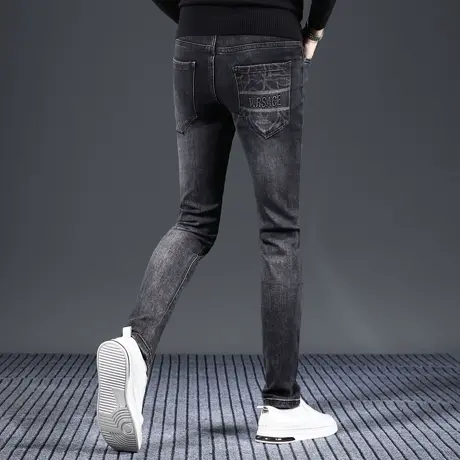 轻奢牛仔裤男秋冬新款黑灰色修身小脚潮流印花弹力男士休闲裤子男商品大图